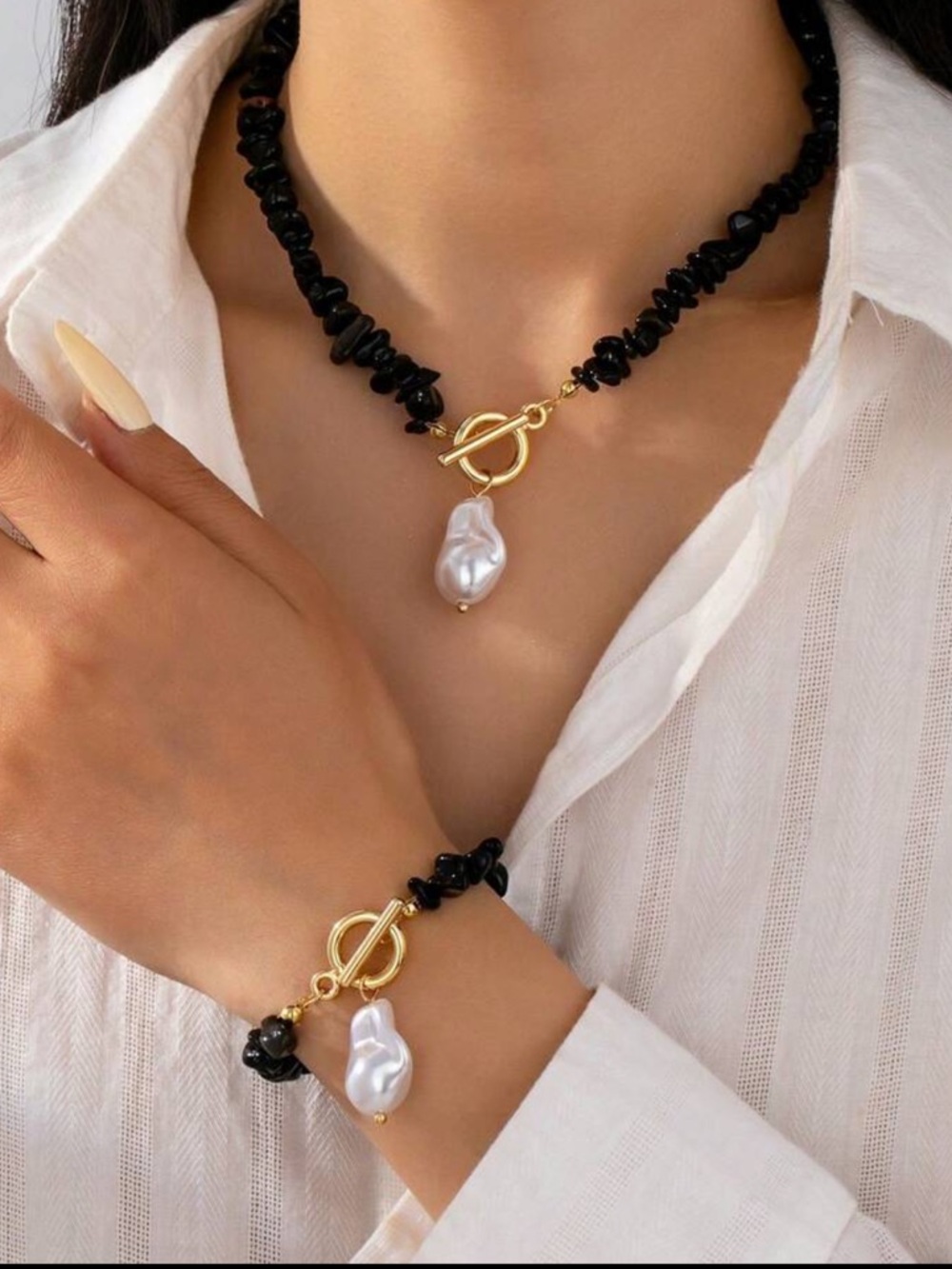 New Black Agate Chips with Imitation Baroque Pearl Necklace and Bracelet Set